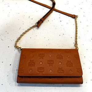 MCM Klara Monogrammed Tan Leather Crossbody Wallet